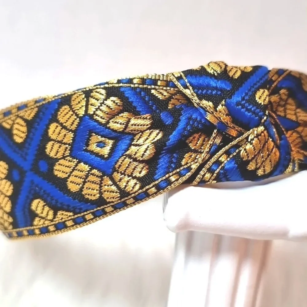 JEWELTONE JACQUARD SATIN FABRIC top knot royal blue gold black headband